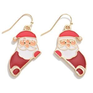 Gold Tone Enamel Santa Drop Earrings